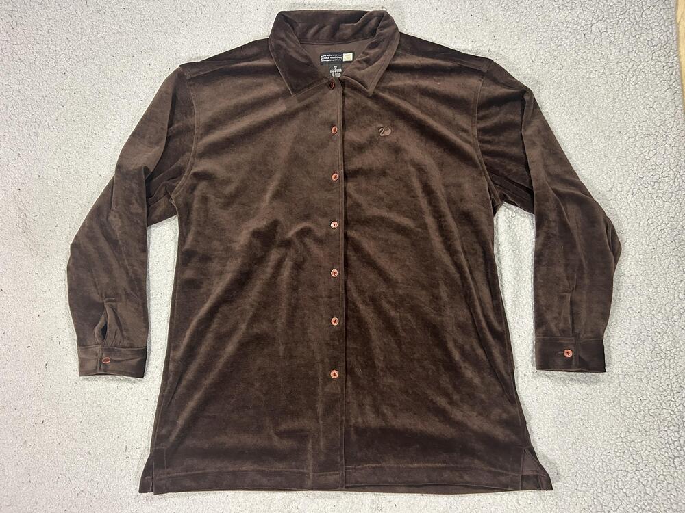 Gloria Vanderbilt Shirt Womens Large Brown Velour Button Up Tunic Top Collared